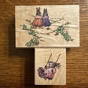 New Lot of 2 Holly Pond Hill Susan Wheeler Wood Mounted Rubber Stamp - Rabbit